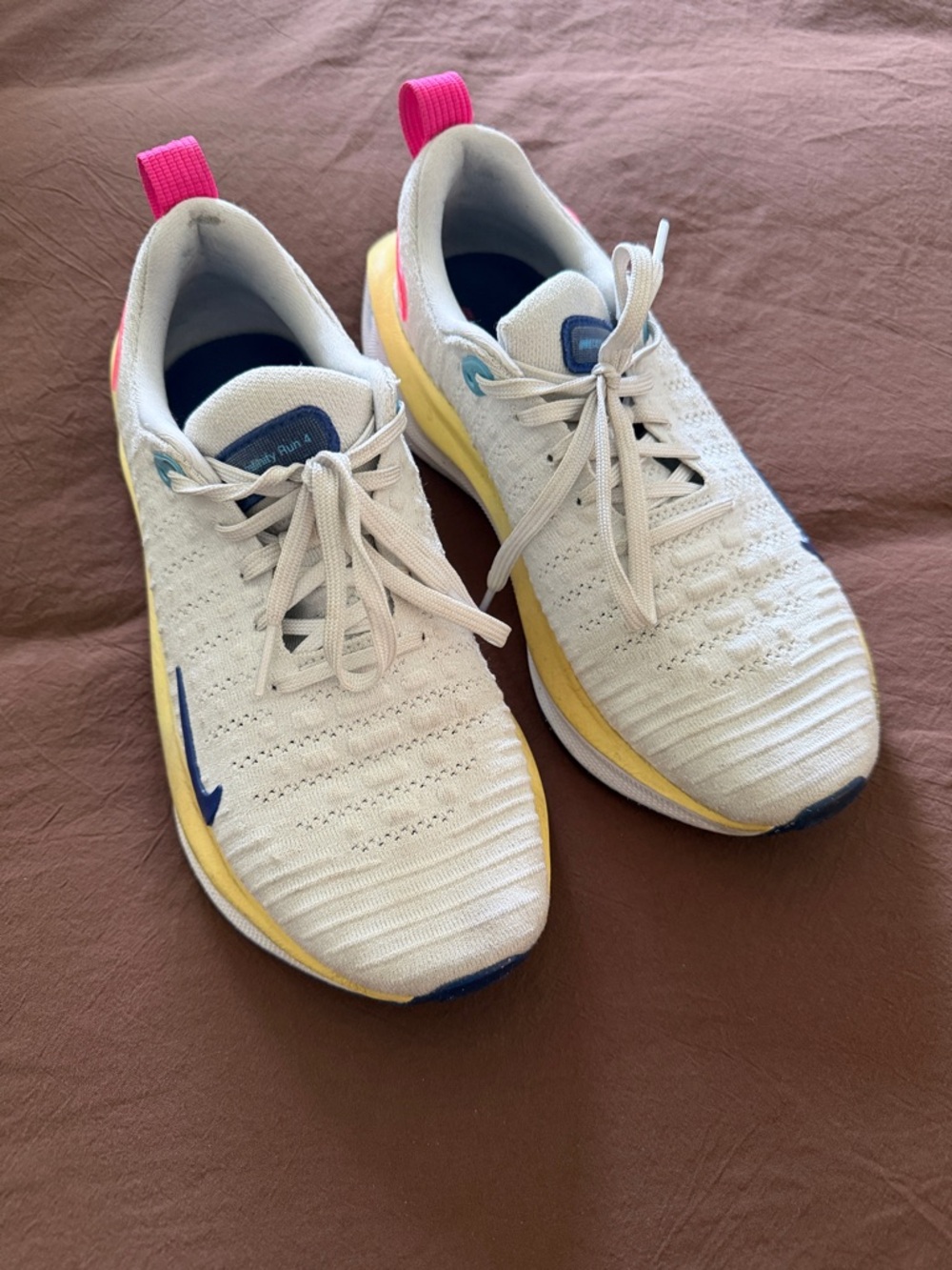 Nike Cream Knit Sneakers with Yellow Midsole and Pink Pull Tabs